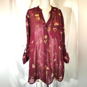 KUT TAG Blouse from Nordstrom, See Thru,  Floral on Burgundy, long sleeve XL/16